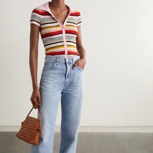 Alice + Olivia Colleen Striped Ribbed-knit Polo Shirt - Baby Pink